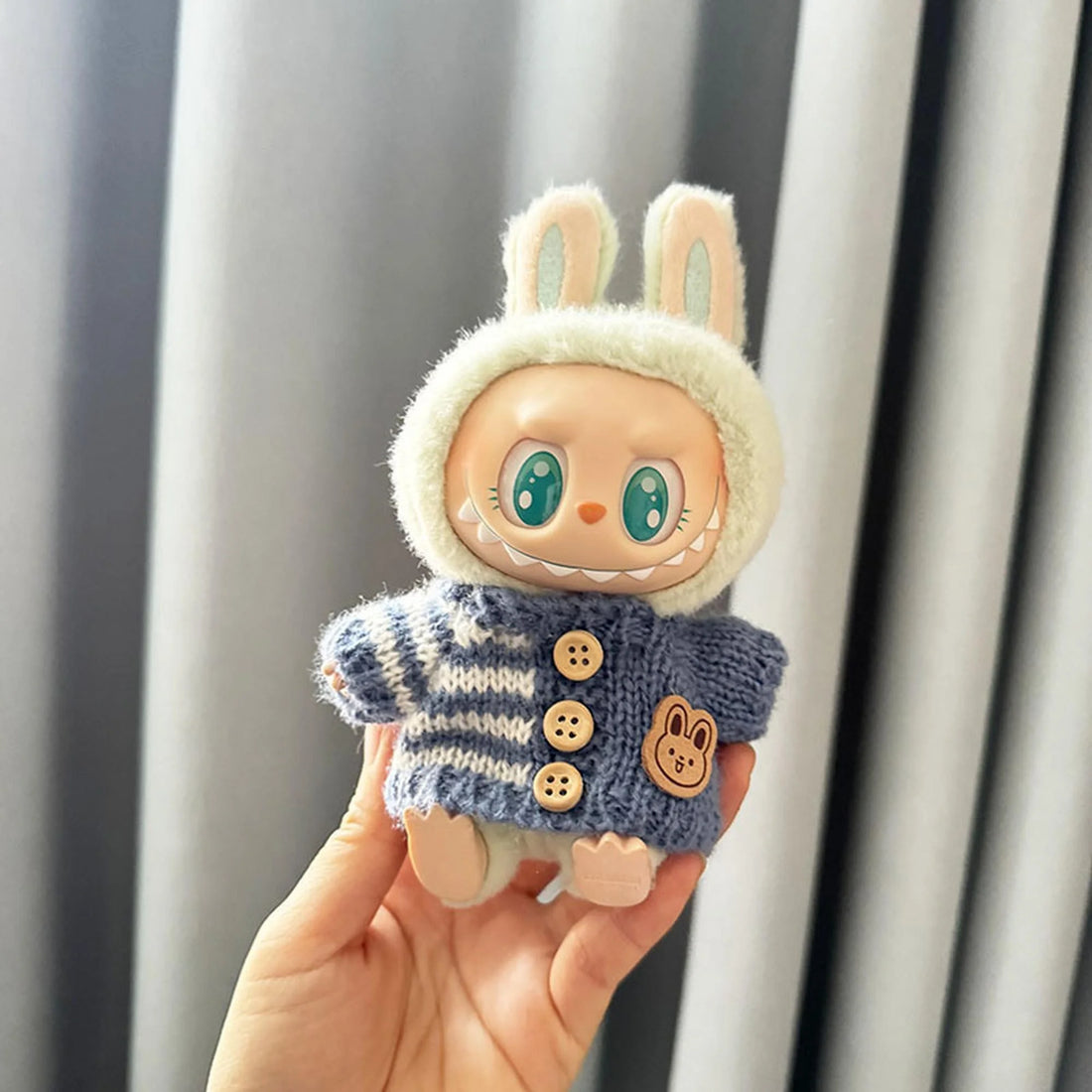 Labubu Clothes Labubu Striped Button Blue Sweater