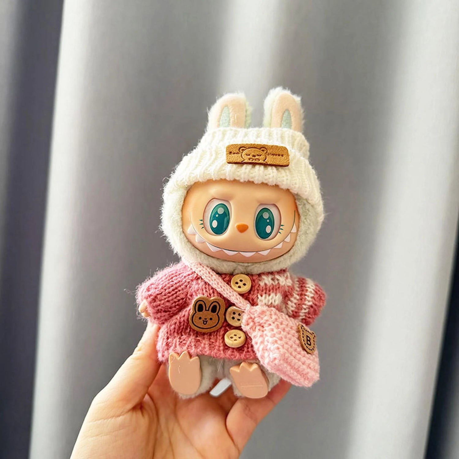 Labubu Clothes Labubu Striped Button Pink Sweater + White Flipped-Bear Hat + Knit Pink B Bag