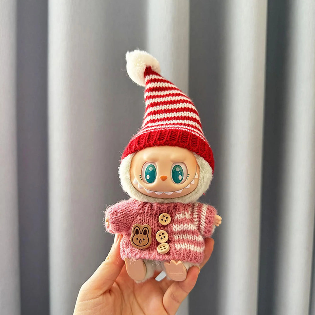Labubu Clothes Labubu Striped Button-Up Sweater With Red And White Pointed Hat