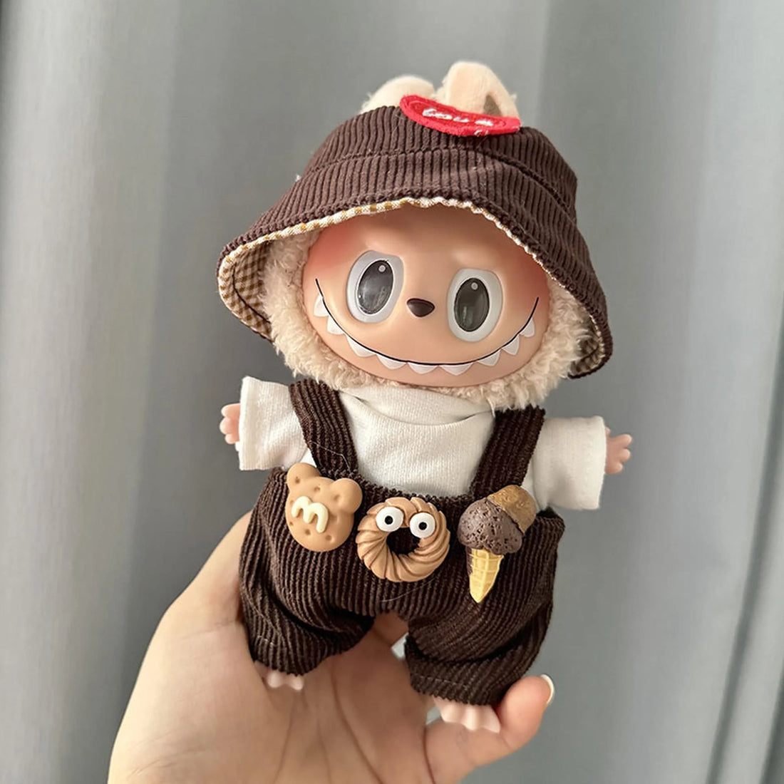 Labubu Clothes Labubu Sweet Cone Overalls + Brown Heart Hat