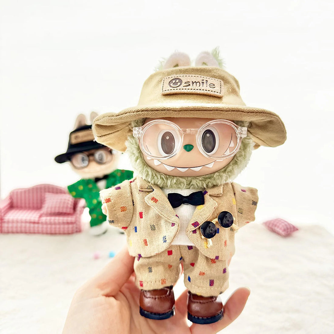 Labubu Clothes Labubu Transparent Frame Glasses + Khaki Smile Cap + Brown Square-Toe Shoes + Brown Trendy Suit Four-Piece Set