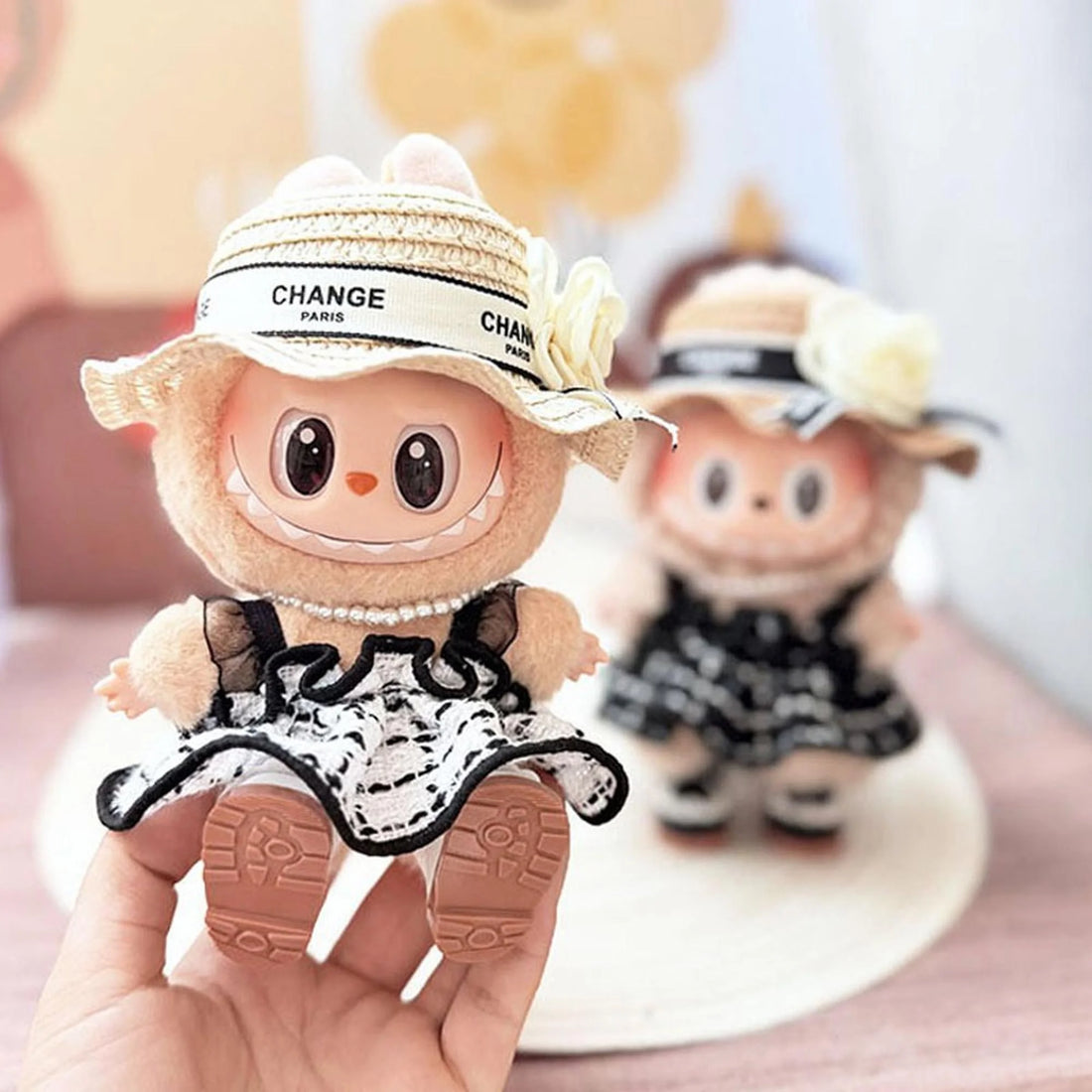 Labubu Clothes Labubu White Brim Straw Hat + Pearl Necklace + White Checkered Chanel-Style Pinafore Dress
