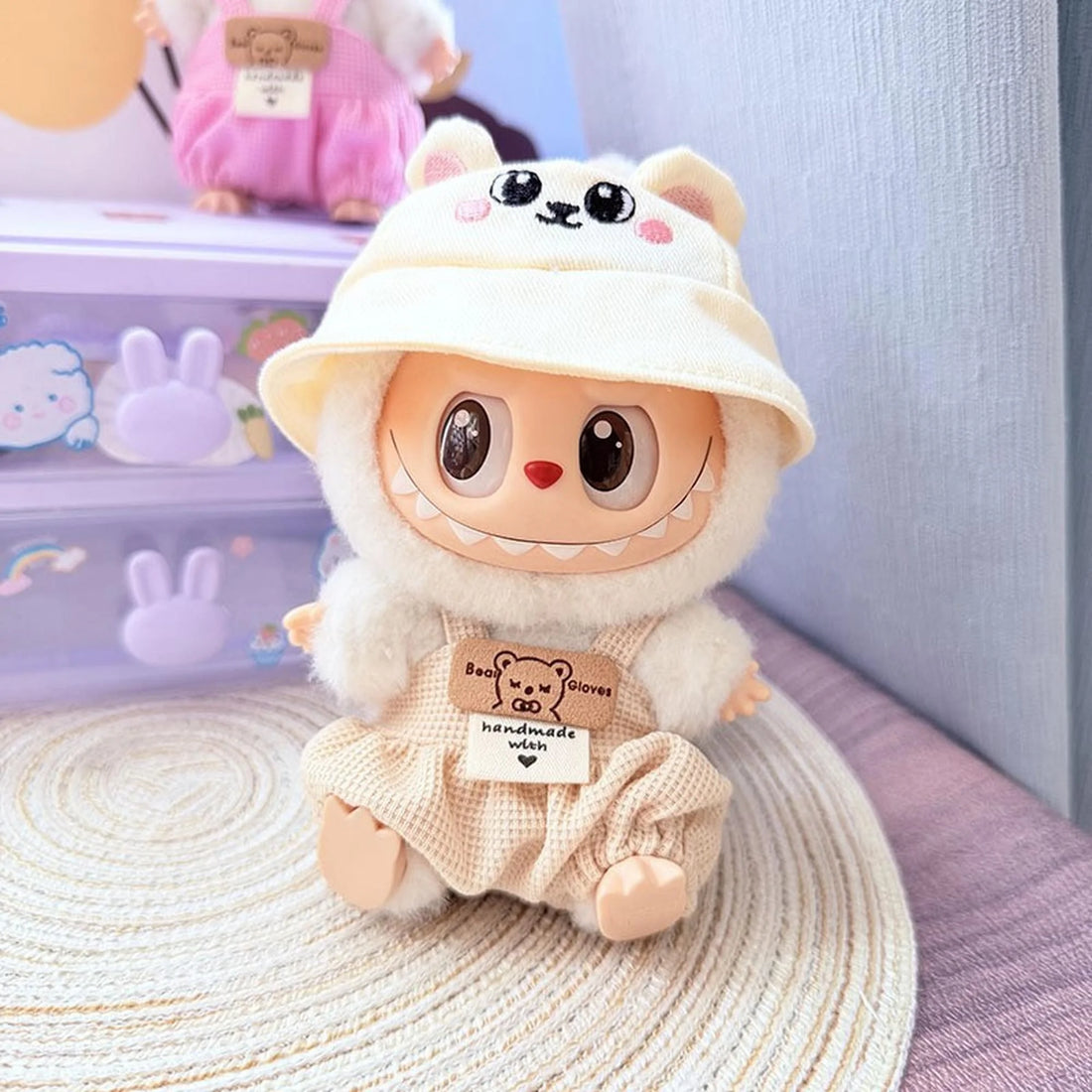 Labubu Clothes Labubu White Bunny Hat + Beige Checkered Overalls