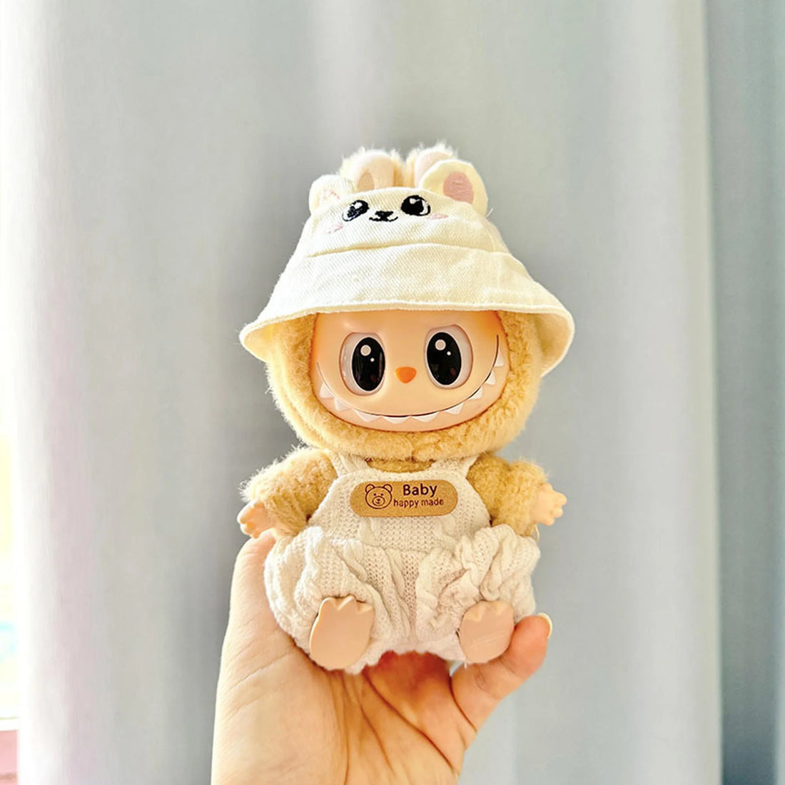 Labubu Clothes Labubu White Bunny Hat Charm + White Bear Logo Bubble Overalls