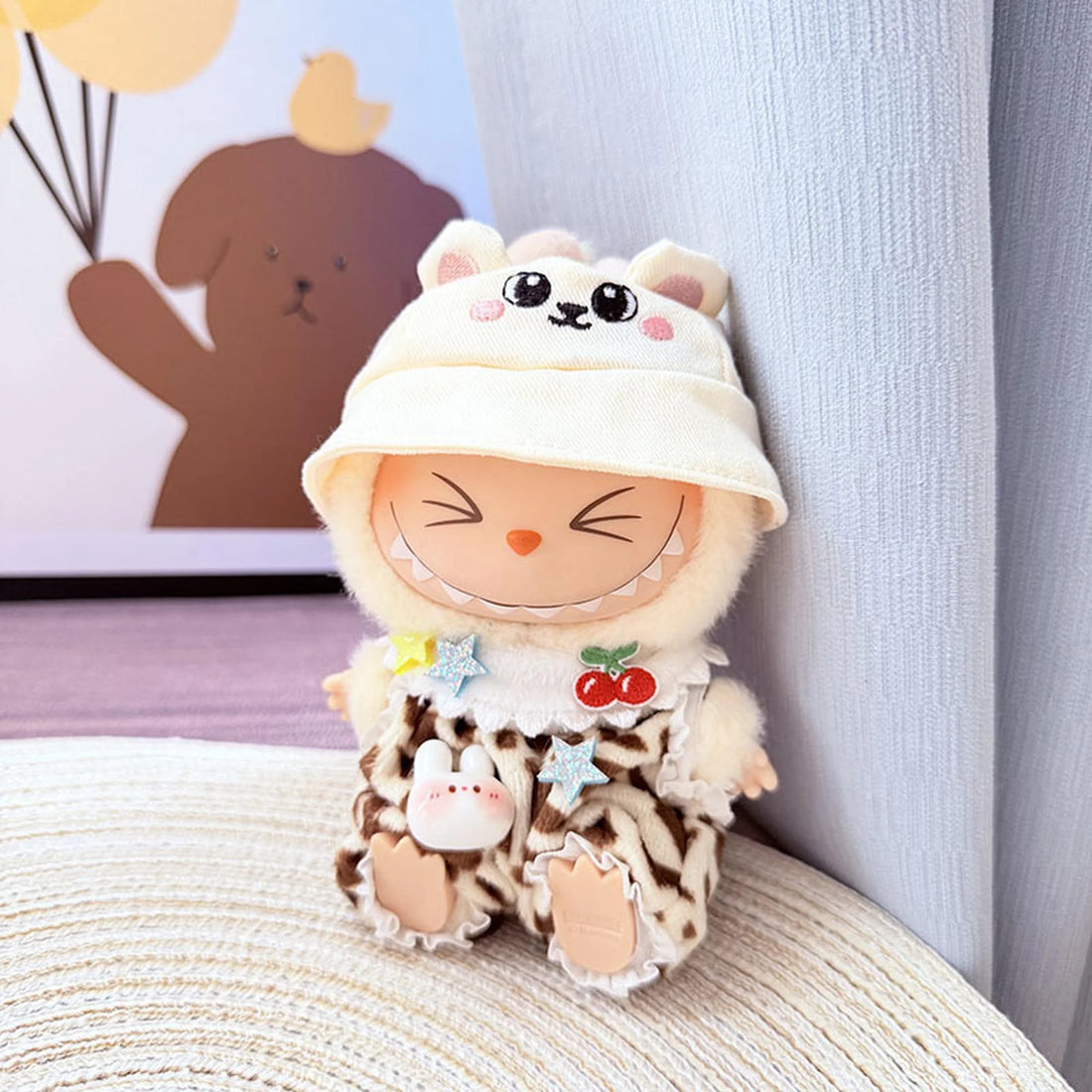 Labubu Clothes Labubu White Bunny Hat + Cherry Leopard Outfit
