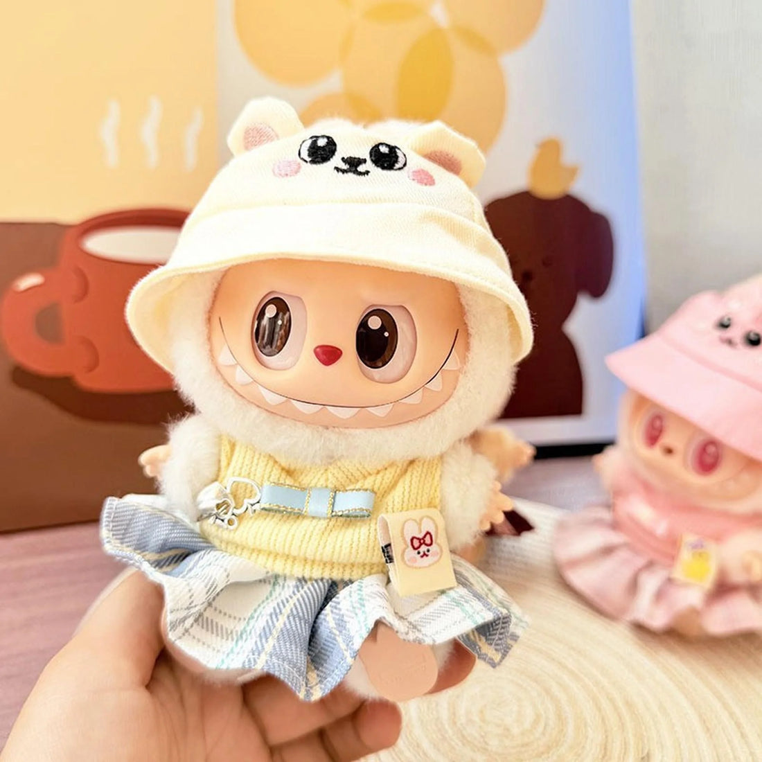 Labubu Clothes Labubu White Bunny Hat + Sweetheart Schoolgirl Dress In Yellow