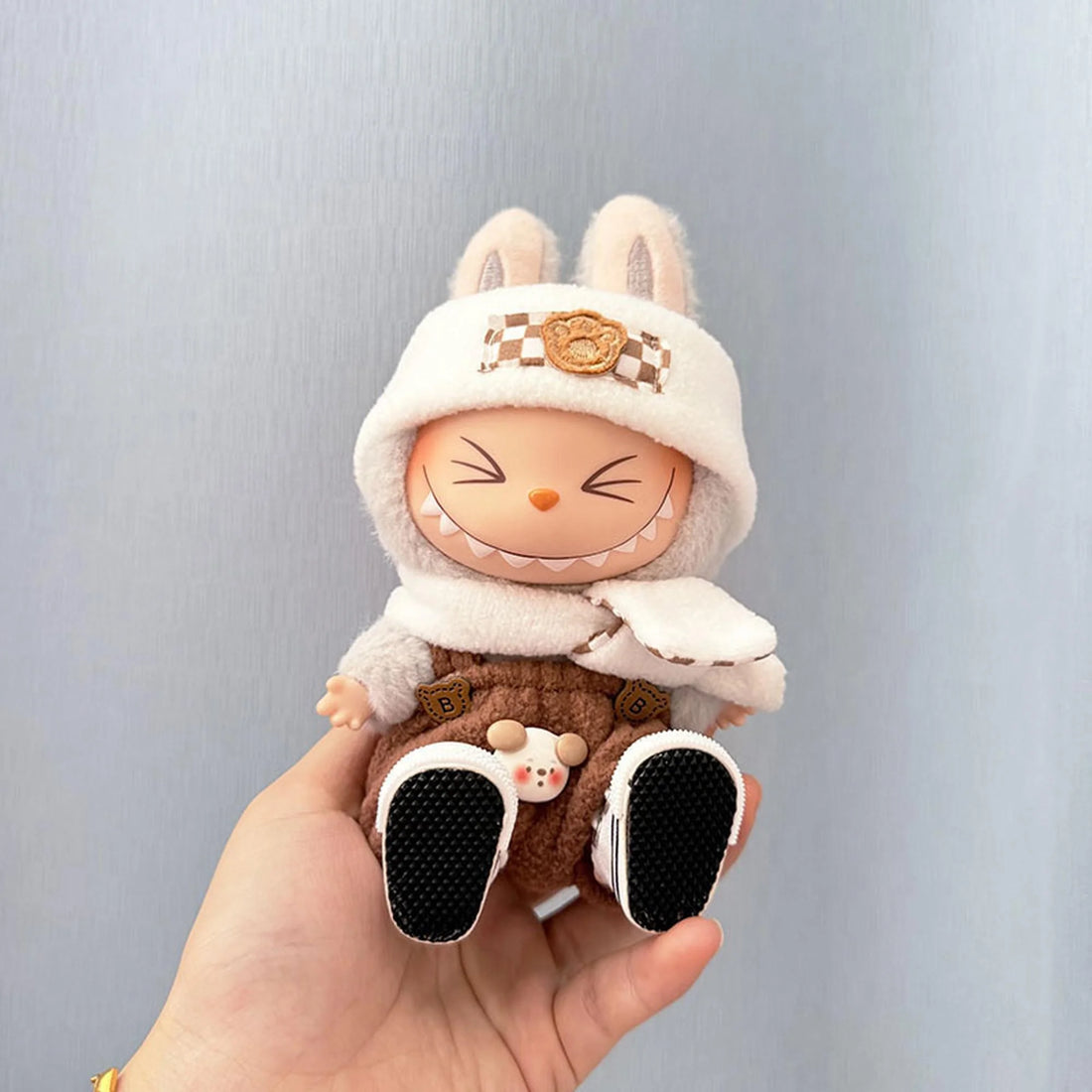 Labubu Clothes Labubu White Canvas Shoes + Bear Brown Checkered Windbreaker Set