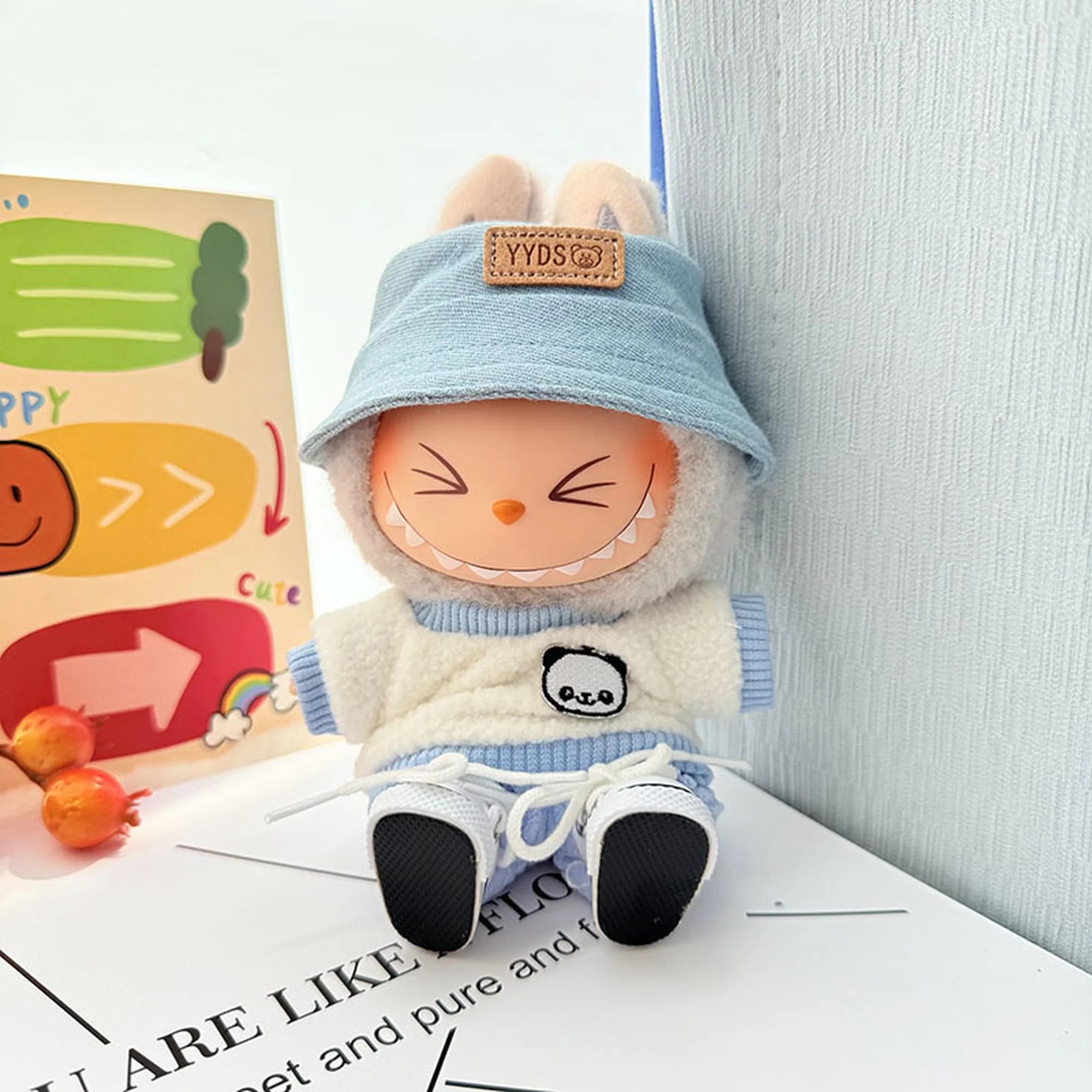 Labubu Clothes Labubu White Canvas Shoes + Blue Yyds Hat + Blue Corduroy Two-Piece Set