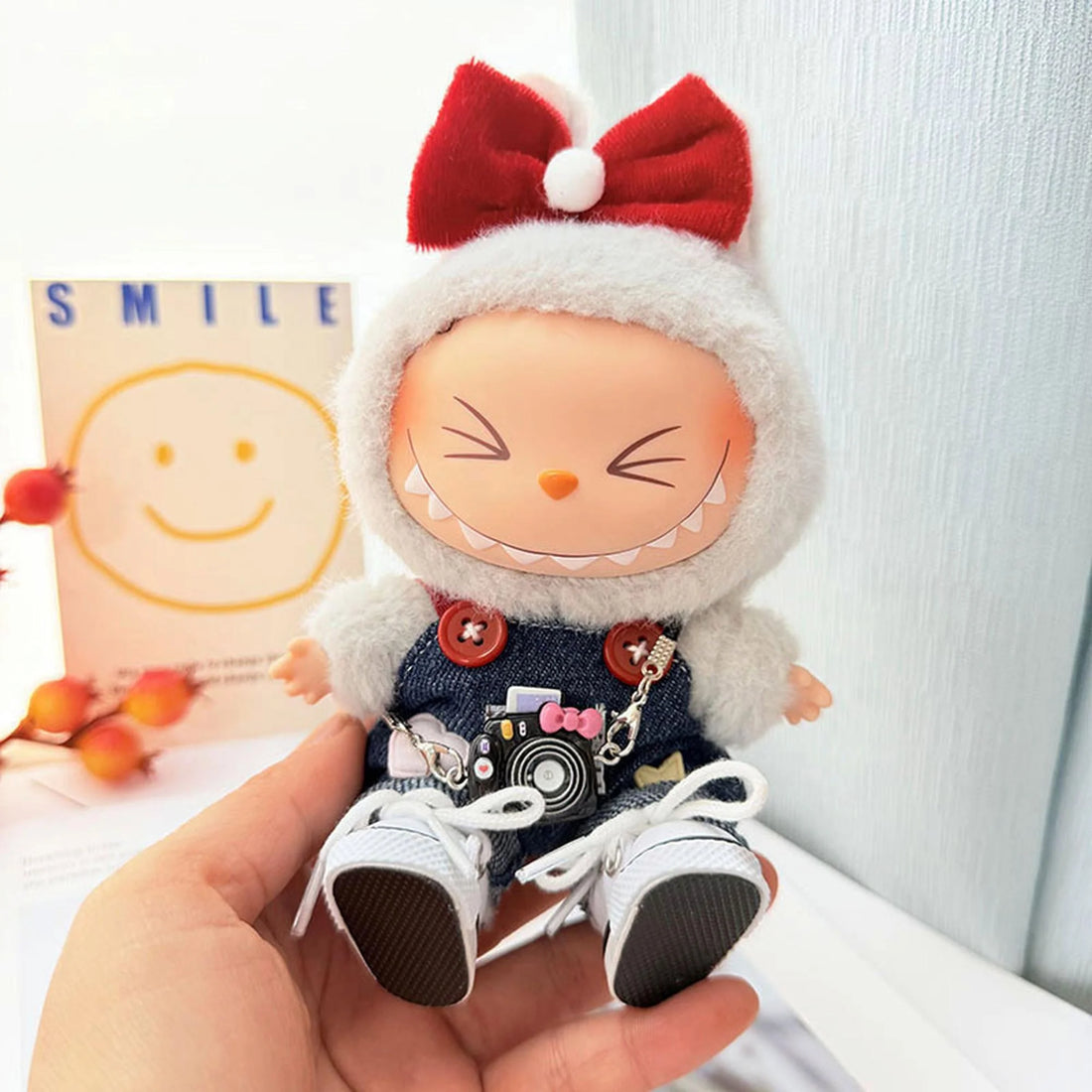 Labubu Clothes Labubu White Canvas Shoes + Kd Black Camera + Plaid Bear Denim Overalls Set
