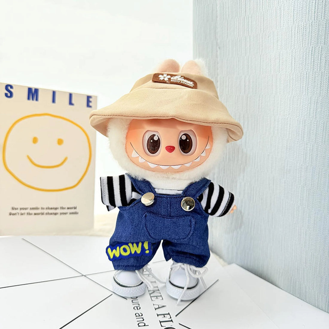 Labubu Clothes Labubu White Canvas Shoes + Lucky Clover Hat + Black &amp; White Striped Denim Overalls Charm