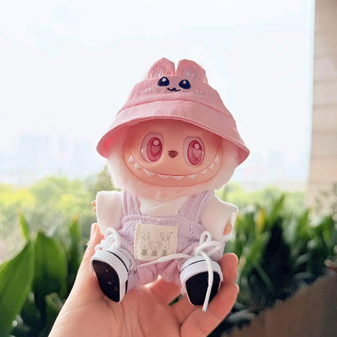 Labubu Clothes Labubu White Canvas Shoes + Pink Bunny Hat + Refreshing Purple Overalls Set