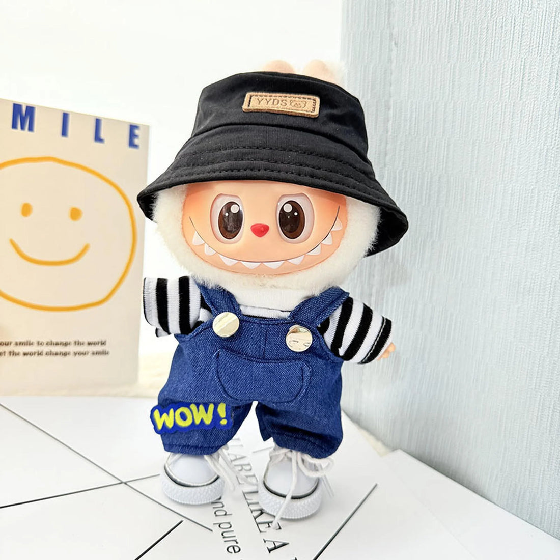 Labubu Clothes Labubu White Canvas Shoes + Yyds Black Cap + Black &amp; White Striped Denim Overalls With Accessories