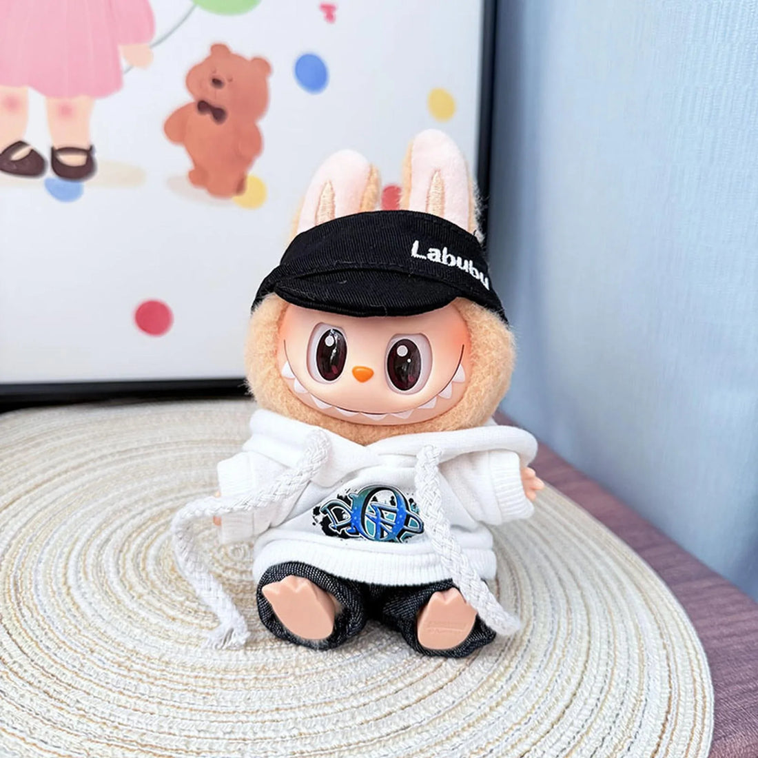 Labubu Clothes Labubu White Didi Hoodie + Black Jeans + Black Bubu Cap