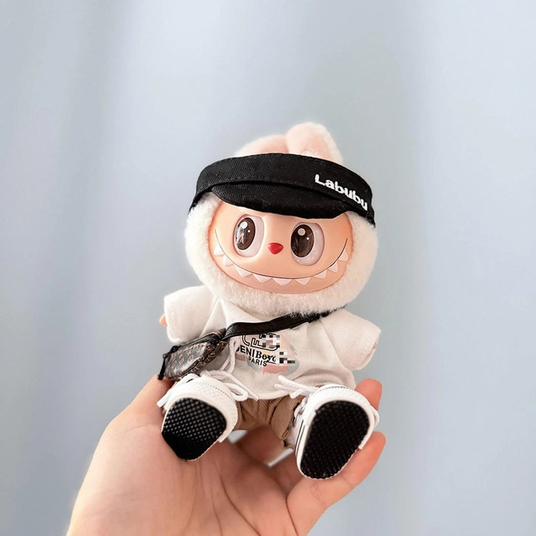 Labubu Clothes Labubu White Finny Tee + Khaki Pants + Brown V Bag + White Canvas Shoes + Black Bubu Cap