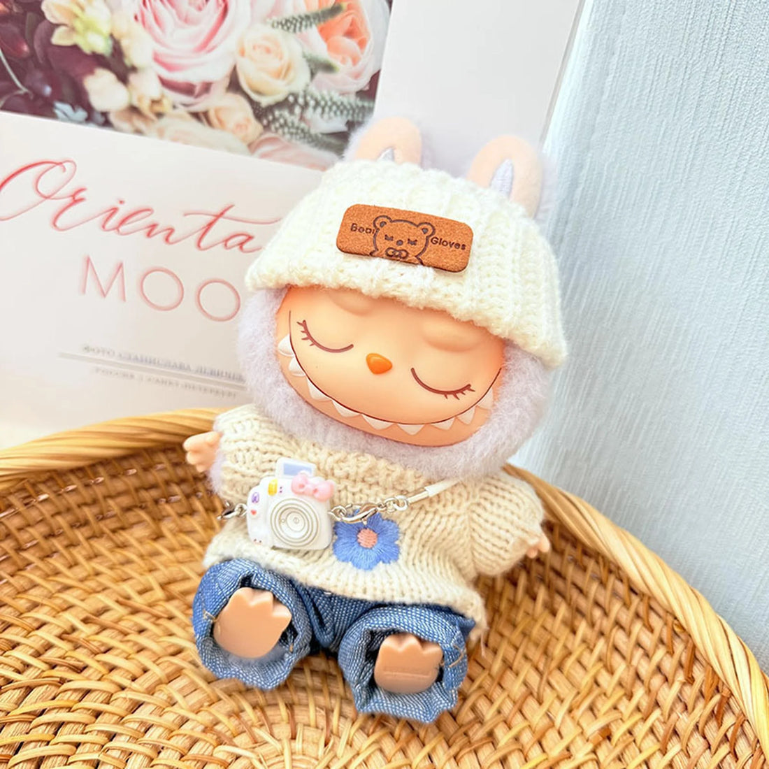 Labubu Clothes Labubu White Flipped-Brim Hat + Kd White Camera + Blue Flipped-Hem Jeans + Blue Six-Petal Floral Sweater