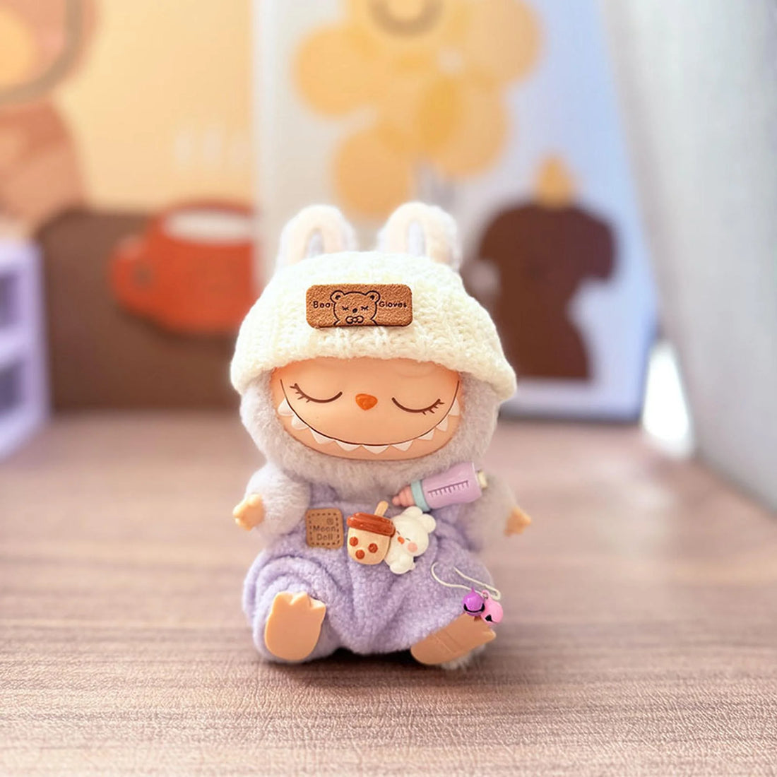 Labubu Clothes Labubu White Flipped-Brim Hat + Purple Bottle Overalls