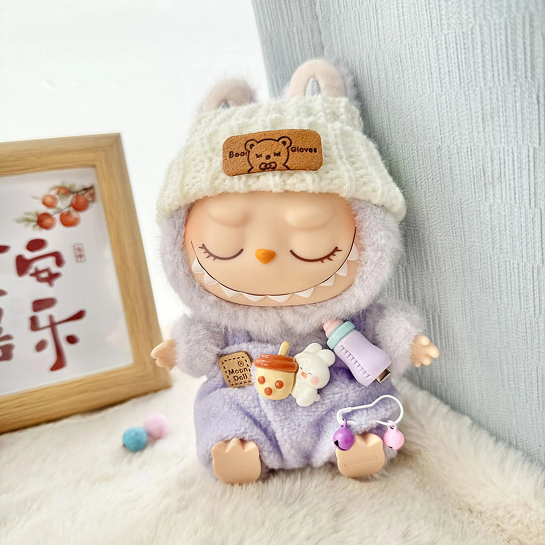 Labubu Clothes Labubu White Floppy Hat + Purple Bottle Overalls