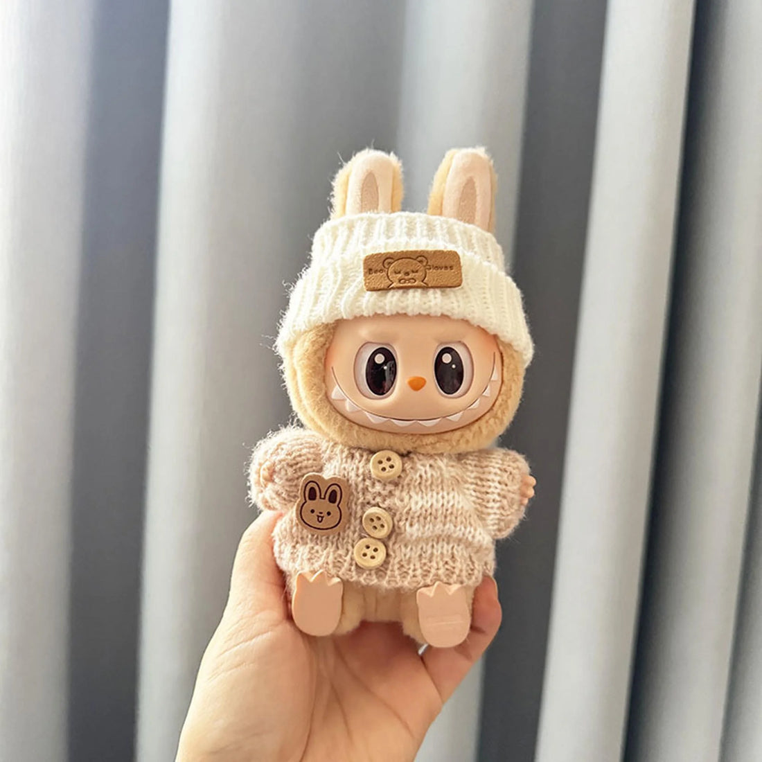 Labubu Clothes Labubu White Folded-Brim Bear Hat + Striped Button Brown Sweater