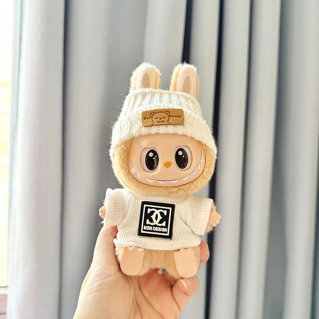 Labubu Clothes Labubu White Furry Bear Hat + Chanel-Inspired White