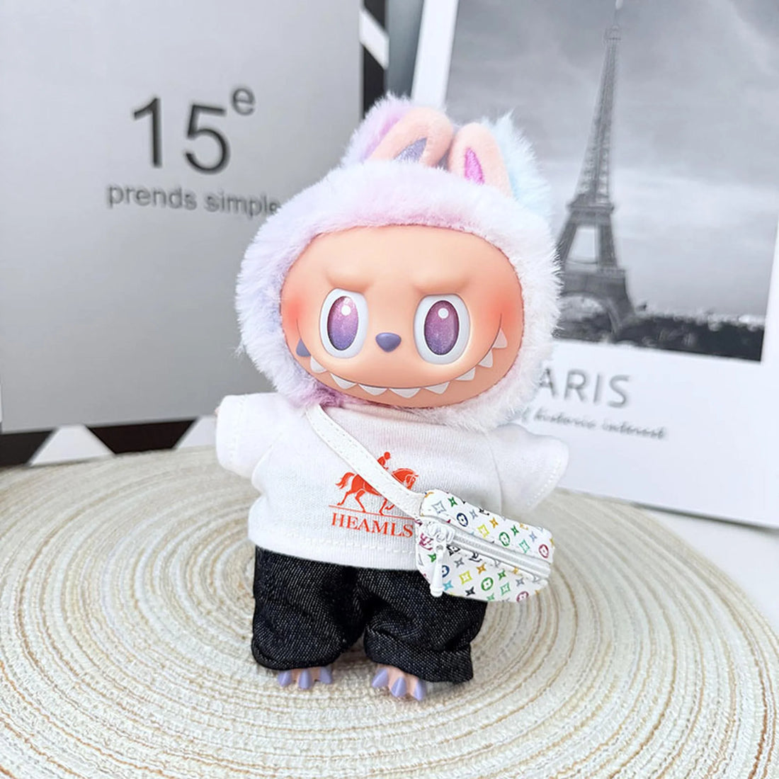 Labubu Clothes Labubu White Hermès T-Shirt + Rolled Hem Black Pants + White V Bag