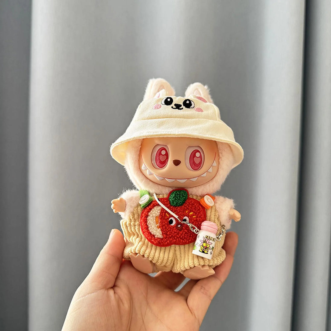Labubu Clothes Labubu White Kettle + White Bunny Hat + Yellow Striped Apple Overalls With Accessories