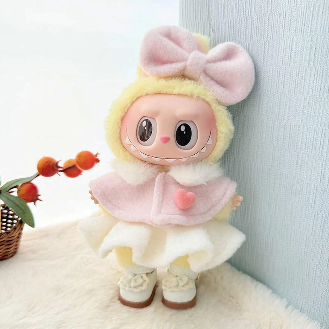 Labubu Clothes Labubu White Little Princess Shoes + Pink Mink Fur Cape Dress 3-Piece Set