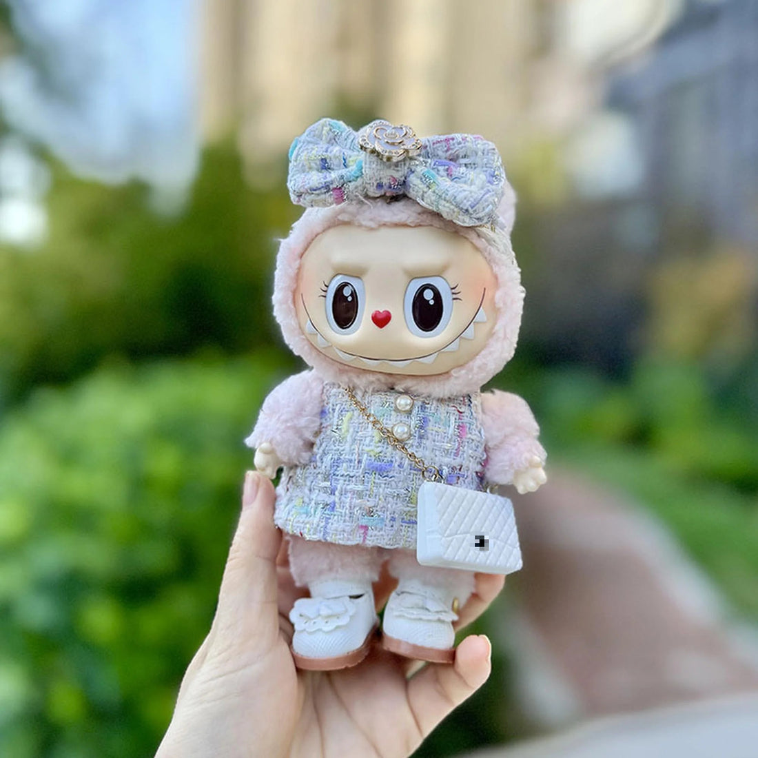 Labubu Clothes Labubu White Little Princess Shoes + White Iridescent Elegance + White Mini C Bag