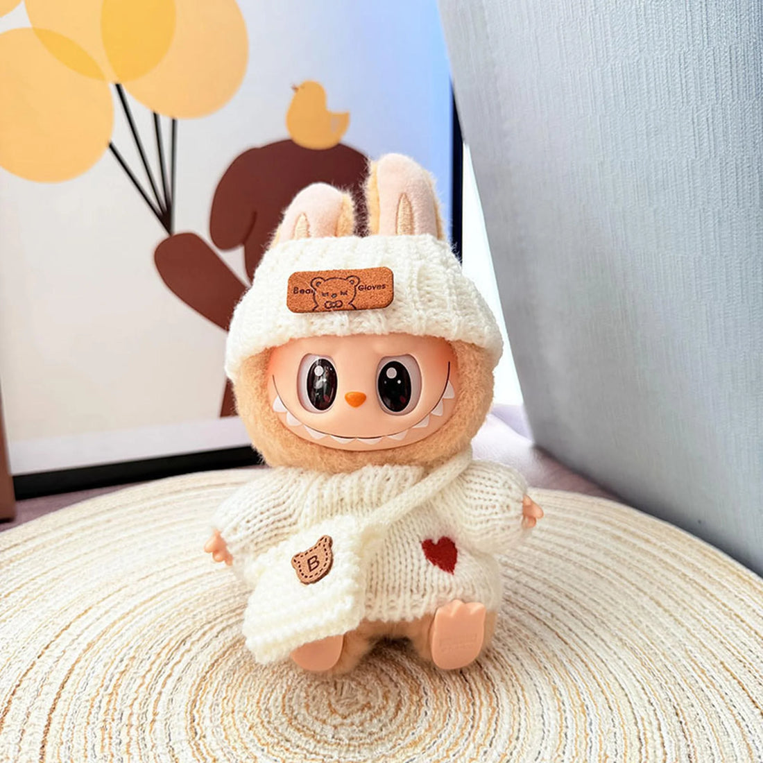 Labubu Clothes Labubu White Love Knit Sweater + White Turn-Up Hat + White B Bag
