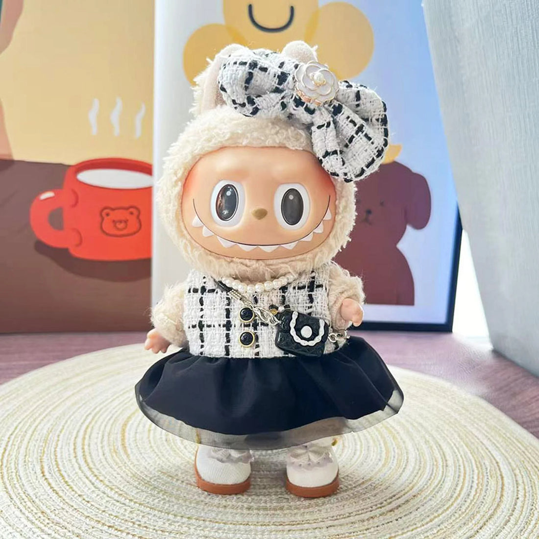 Labubu Clothes Labubu White Princess Shoes + Elegant Black Bag + Pearl-Embellished Chanel-Style White Outfit