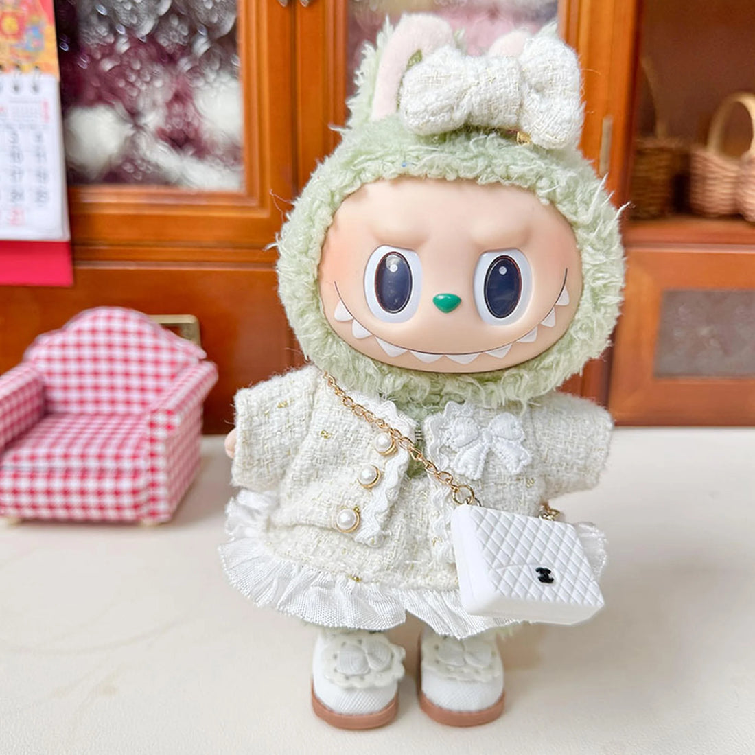 Labubu Clothes Labubu White Princess Shoes + Mini White C Bag + Classic Chanel-Style White
