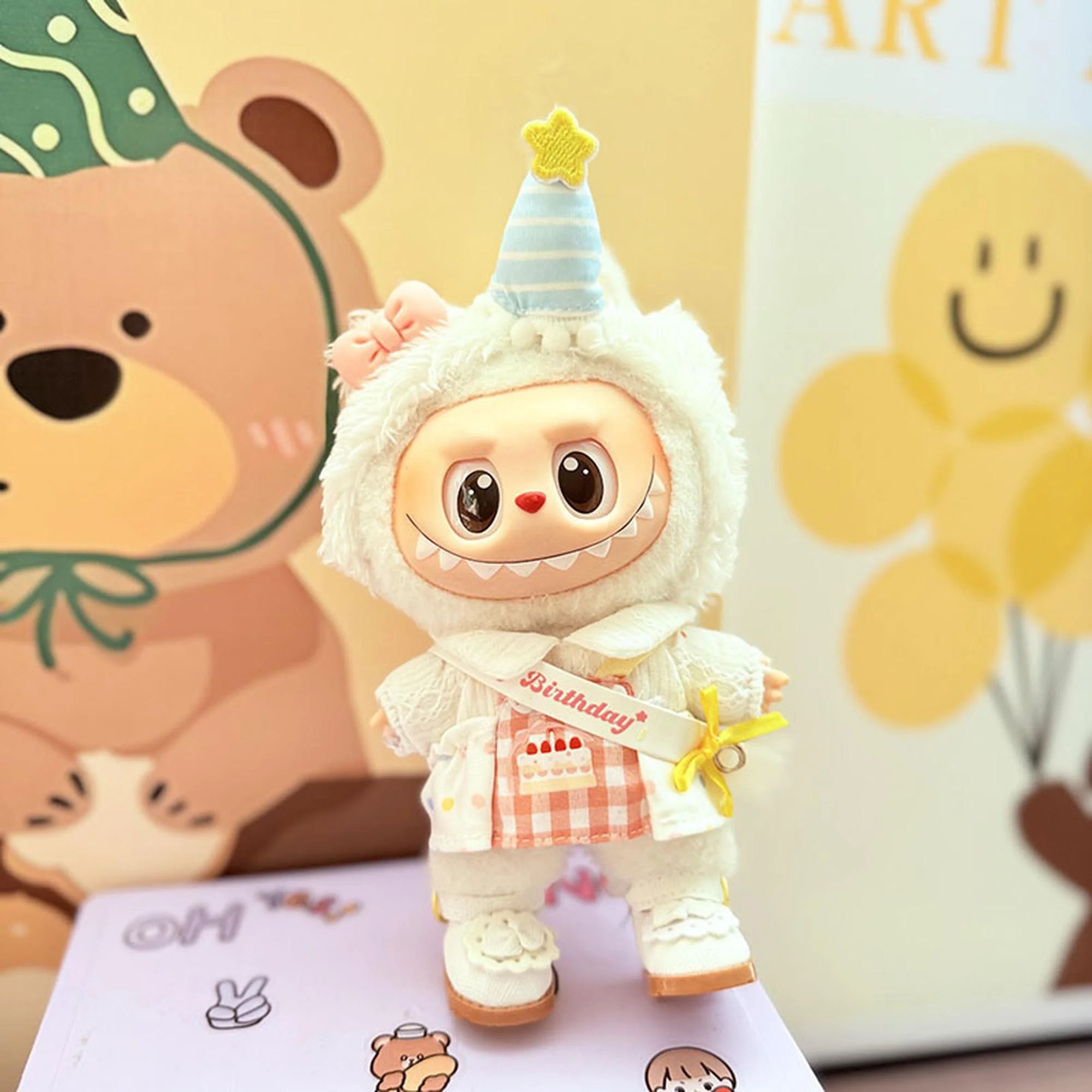 Labubu Clothes Labubu White Princess Shoes + Pink Plaid Birthday Party Set
