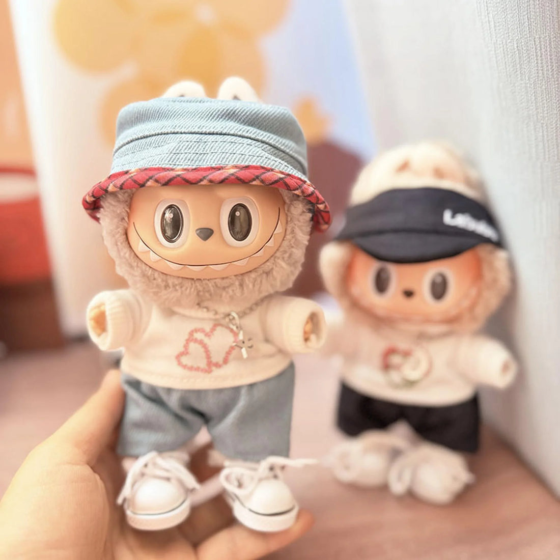 Labubu Clothes Labubu White Sneakers + Red-Trimmed Denim Hat + Rose Heart White T-Shirt Outfit