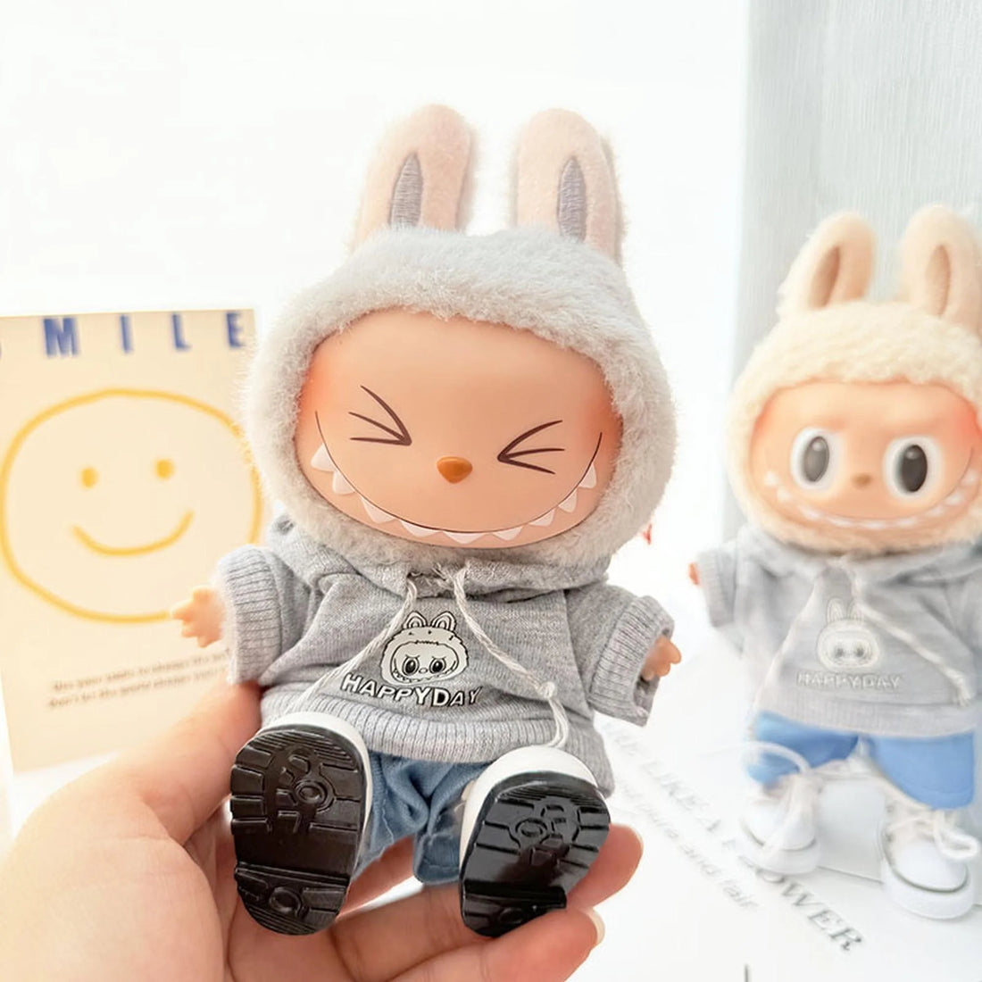 Labubu Clothes Labubu White Square-Toe Shoes + Gray Hoodie Two-Piece Set