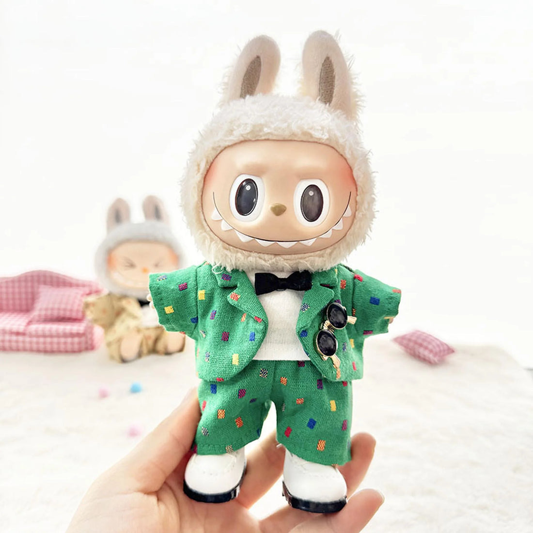 Labubu Clothes Labubu White Square-Toe Shoes + Green Trendy Suit Four-Piece Set