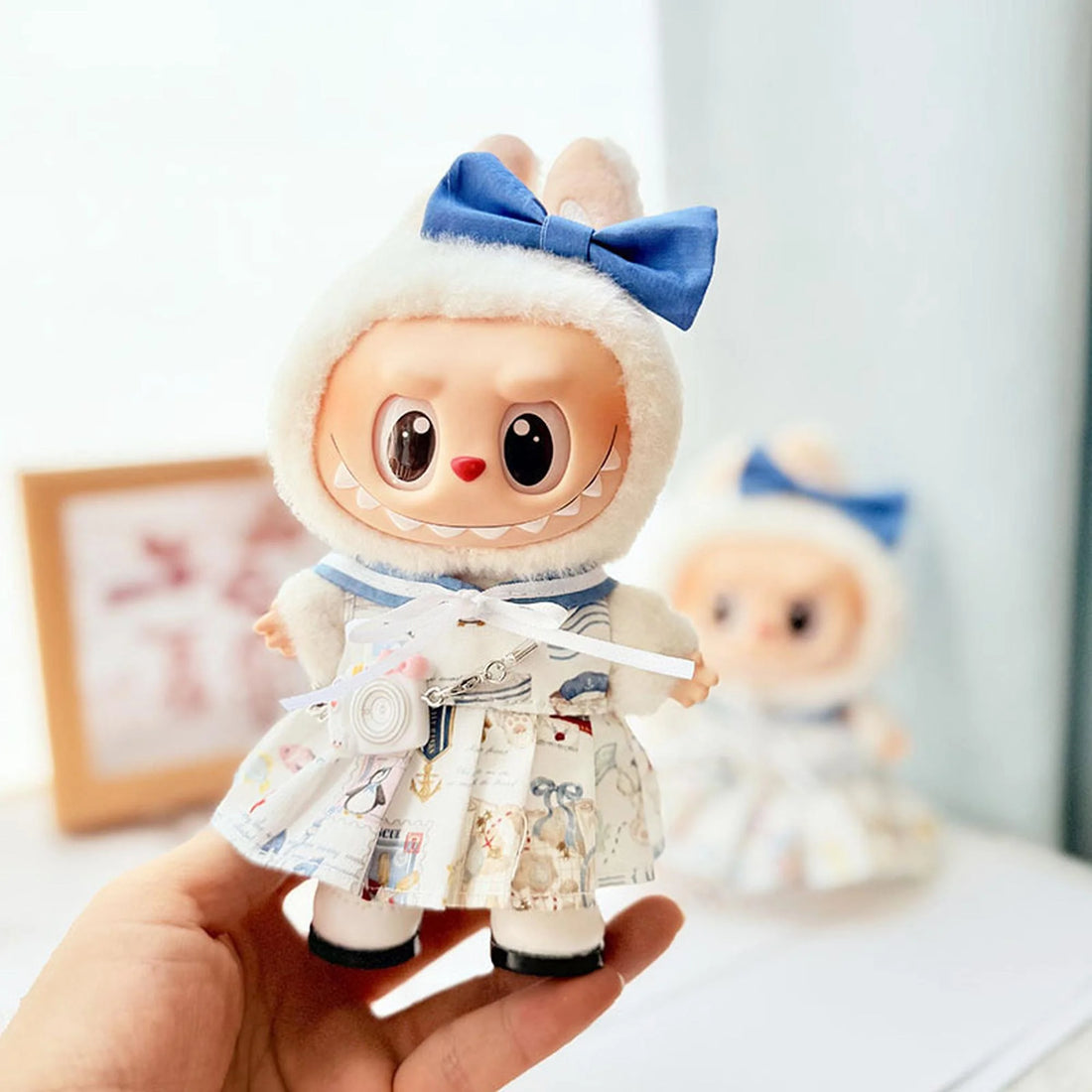 Labubu Clothes Labubu White Square-Toe Shoes + Kd White Camera + Accessory Sailing Penguin Skirt Set