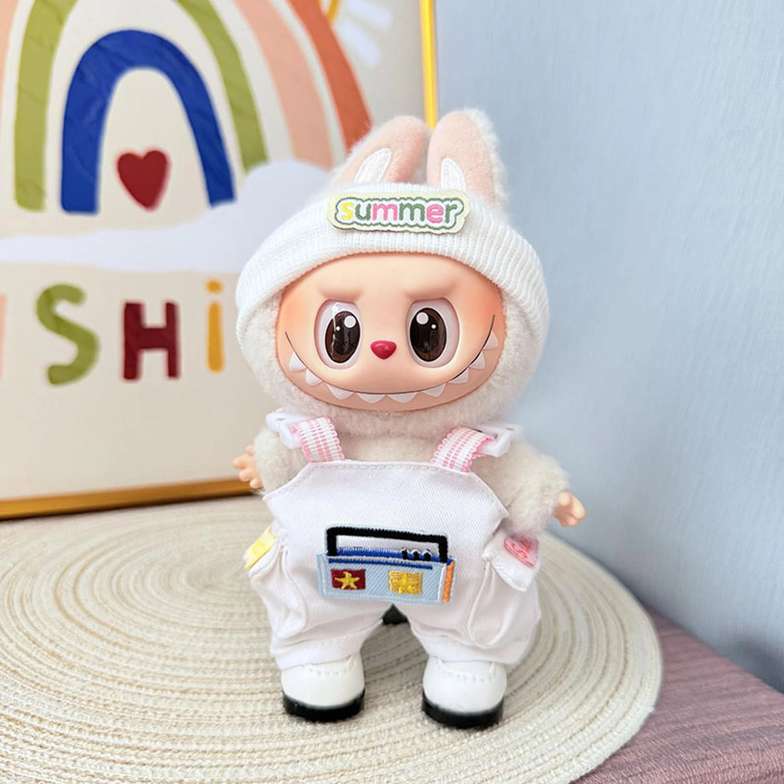 Labubu Clothes Labubu White Square-Toe Shoes + Radio Suspenders Jumpsuit Set