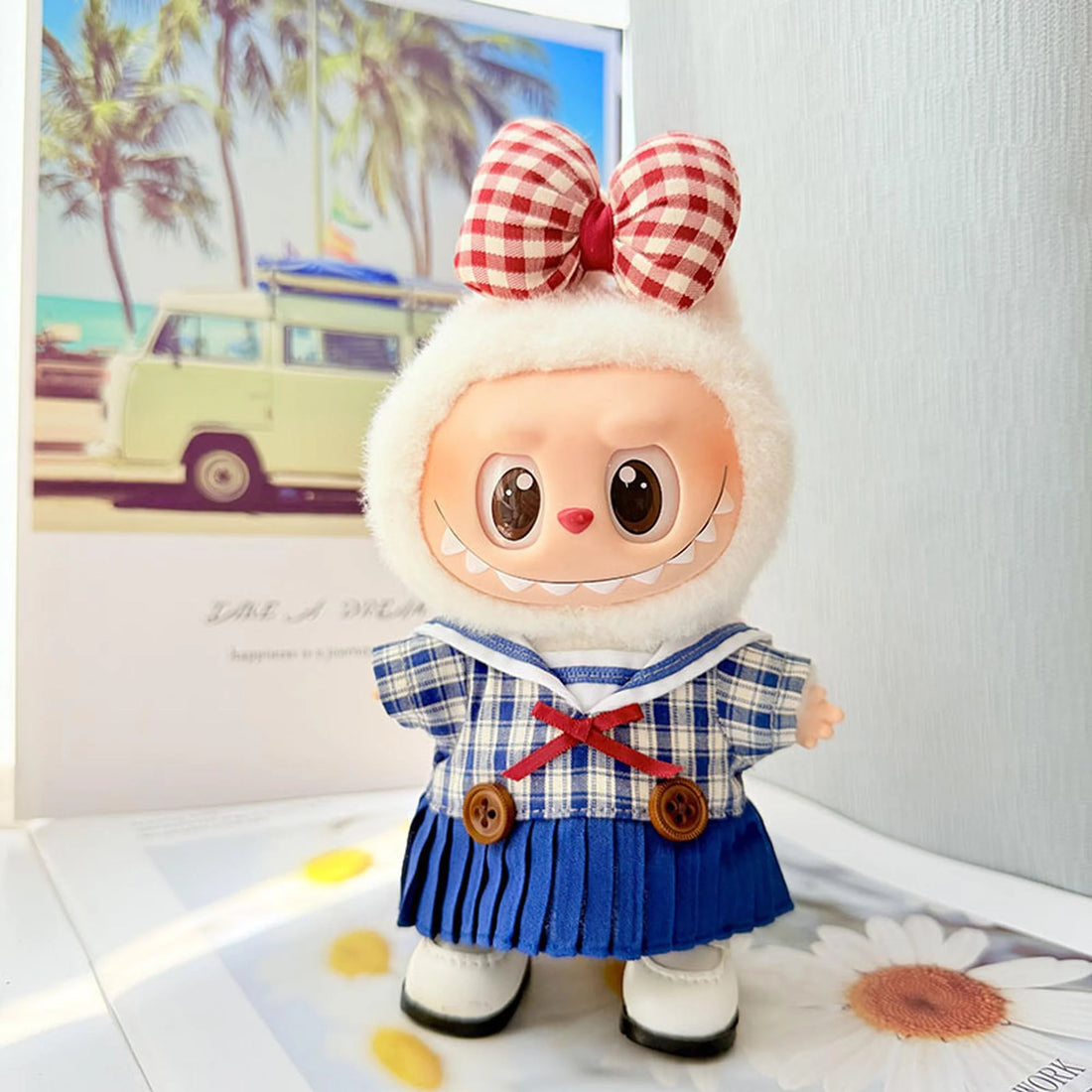Labubu Clothes Labubu White Square-Toe Shoes + Red &amp; White Checkered Hair Clip + Sweetheart Sailor Dress