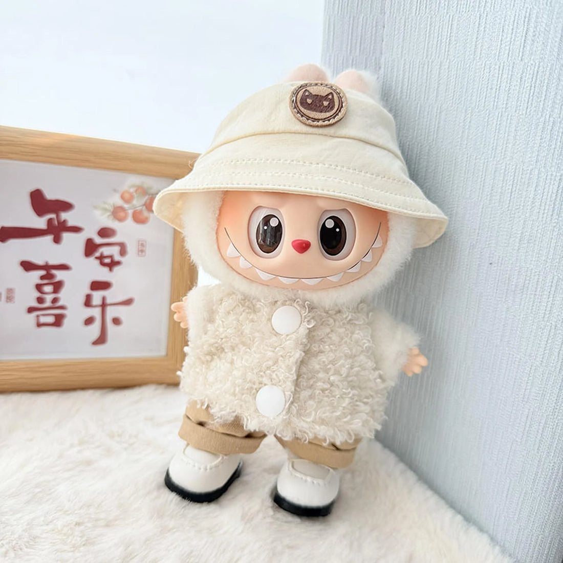 Labubu Clothes Labubu White Square-Toe Shoes + White Cat Logo Bucket Hat + White Double-Buckle Loop Sweater