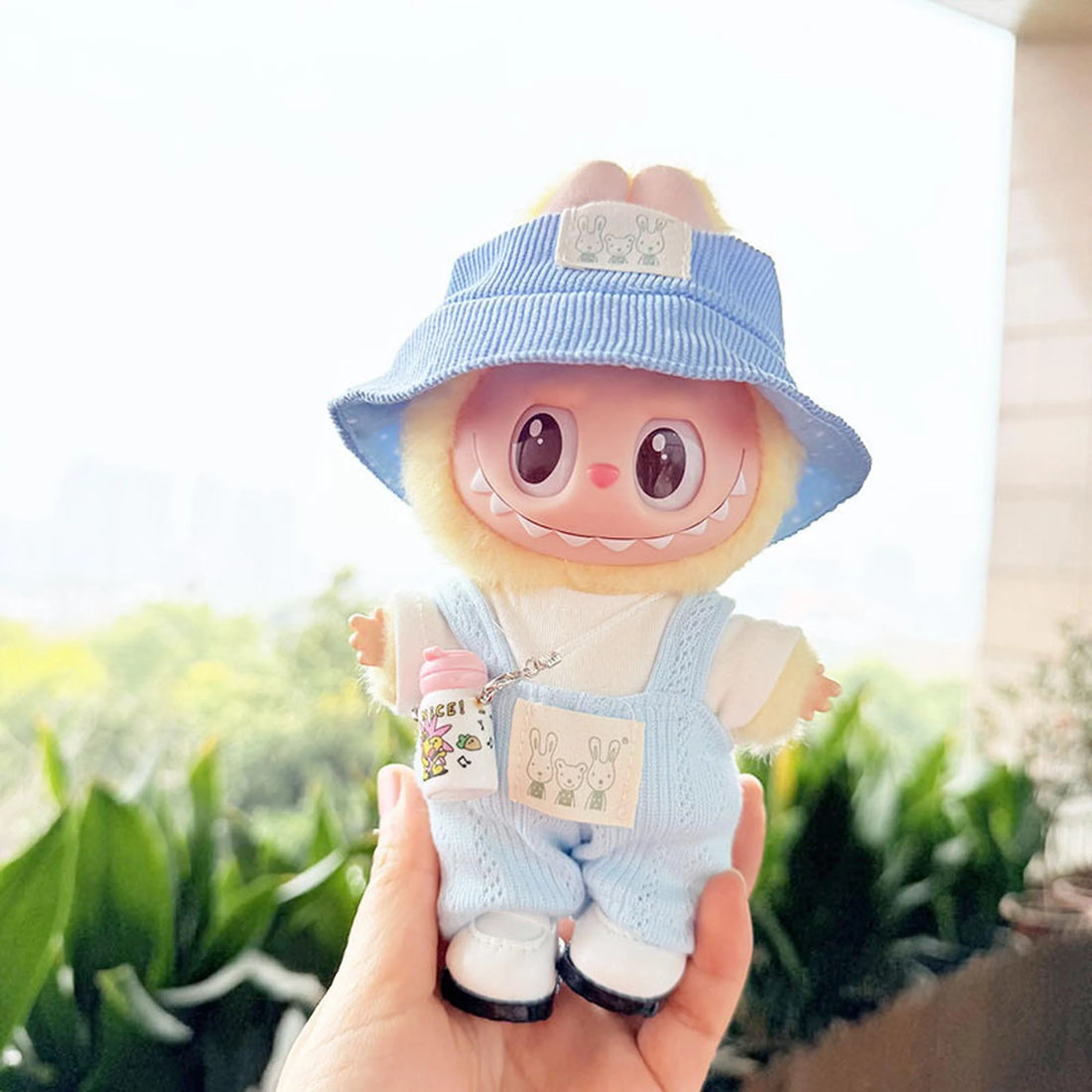 Labubu Clothes Labubu White Square-Toe Shoes + White Water Bottle + Blue Bunny Hat + Refreshing Blue Overalls Set