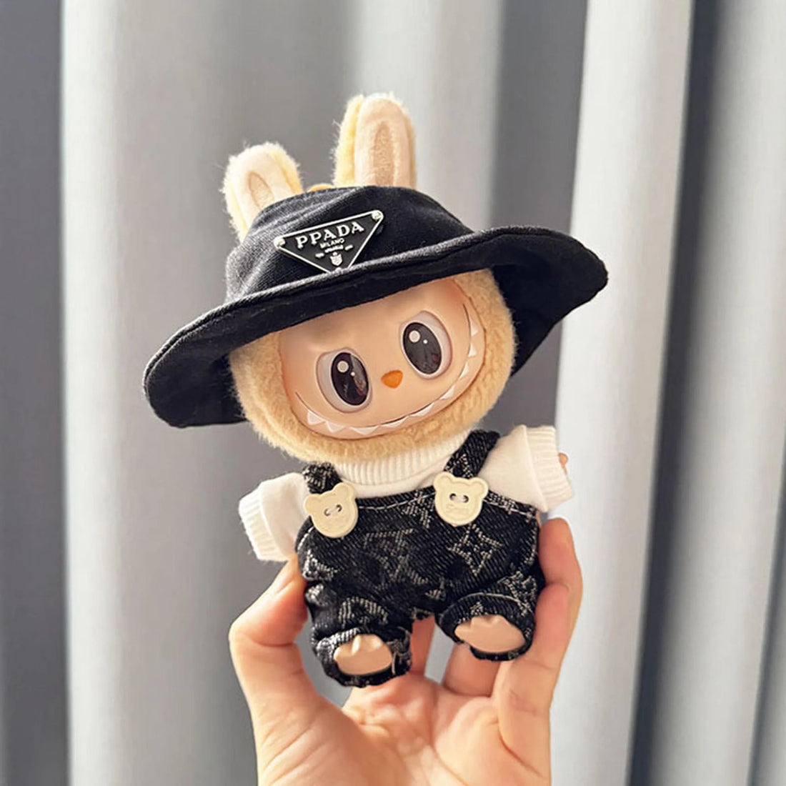 Labubu Clothes Labubu White Tee + Black Designer Overalls + Ppd Cap