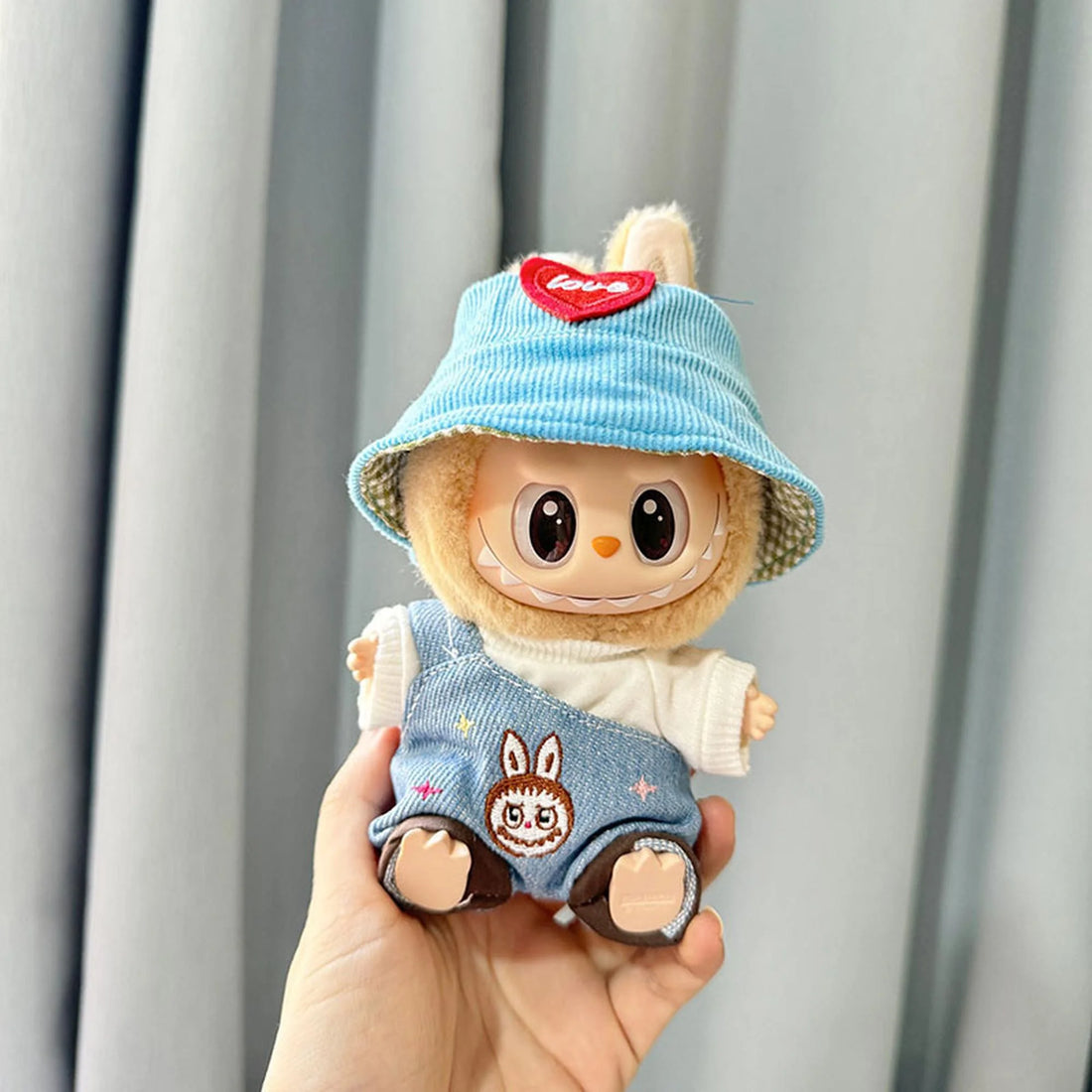 Labubu Clothes Labubu White Tee + Denim Overalls With Ruffled Hem + Blue Heart Hat