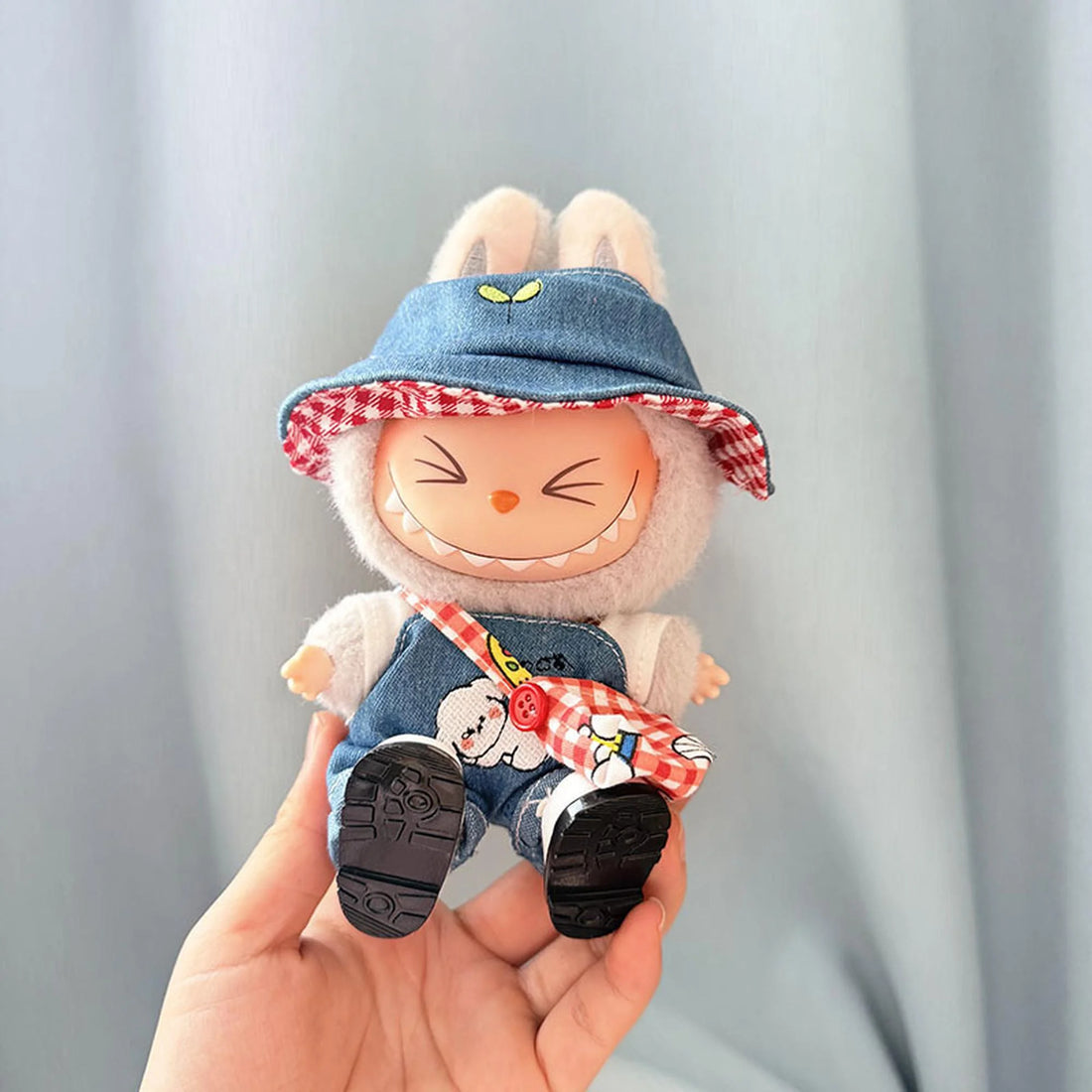 Labubu Clothes Labubu White Tee + Denim Puppy Outfit + White Square-Toe Shoes