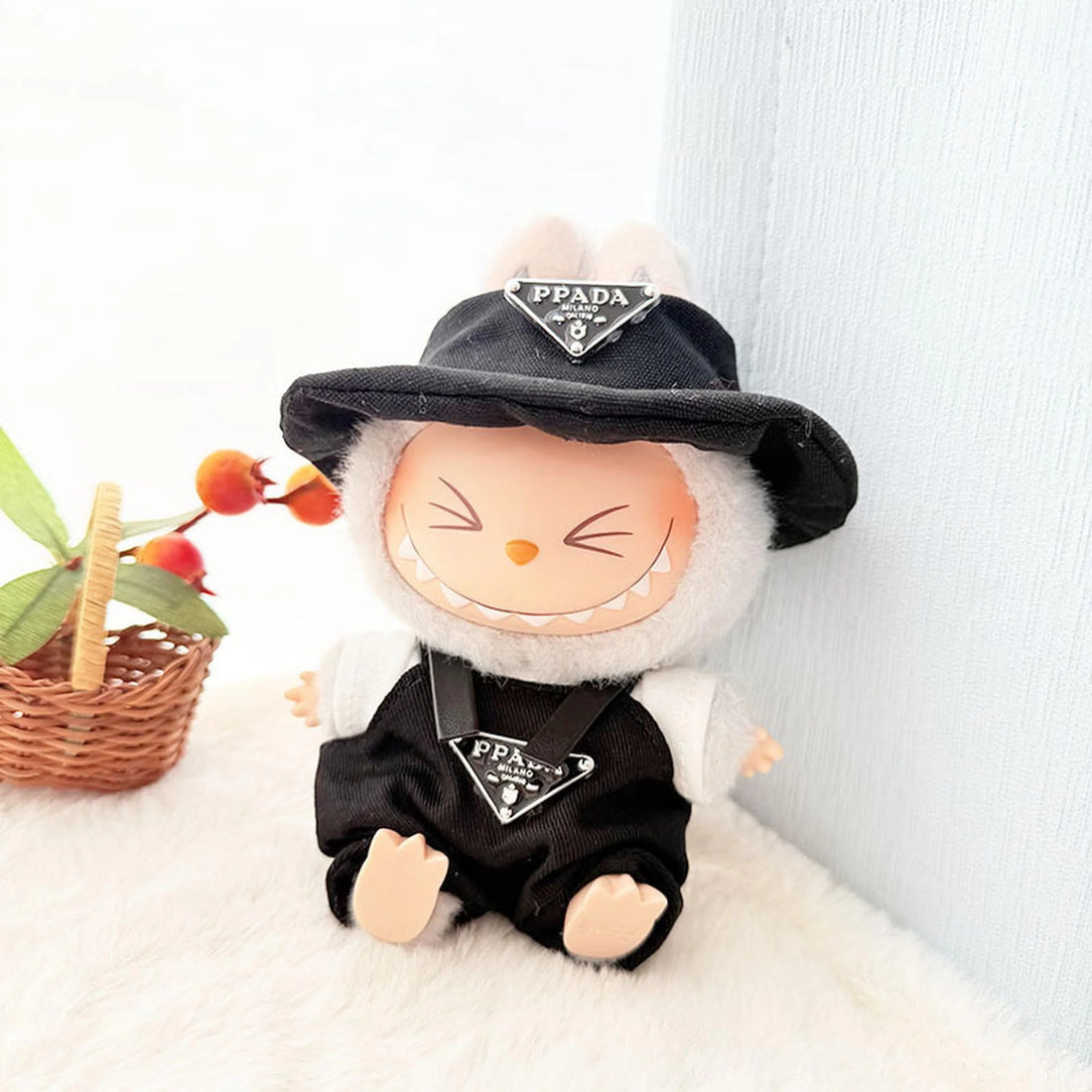 Labubu Clothes Labubu White Tee + Triangle Logo Overalls + Ppd Cap