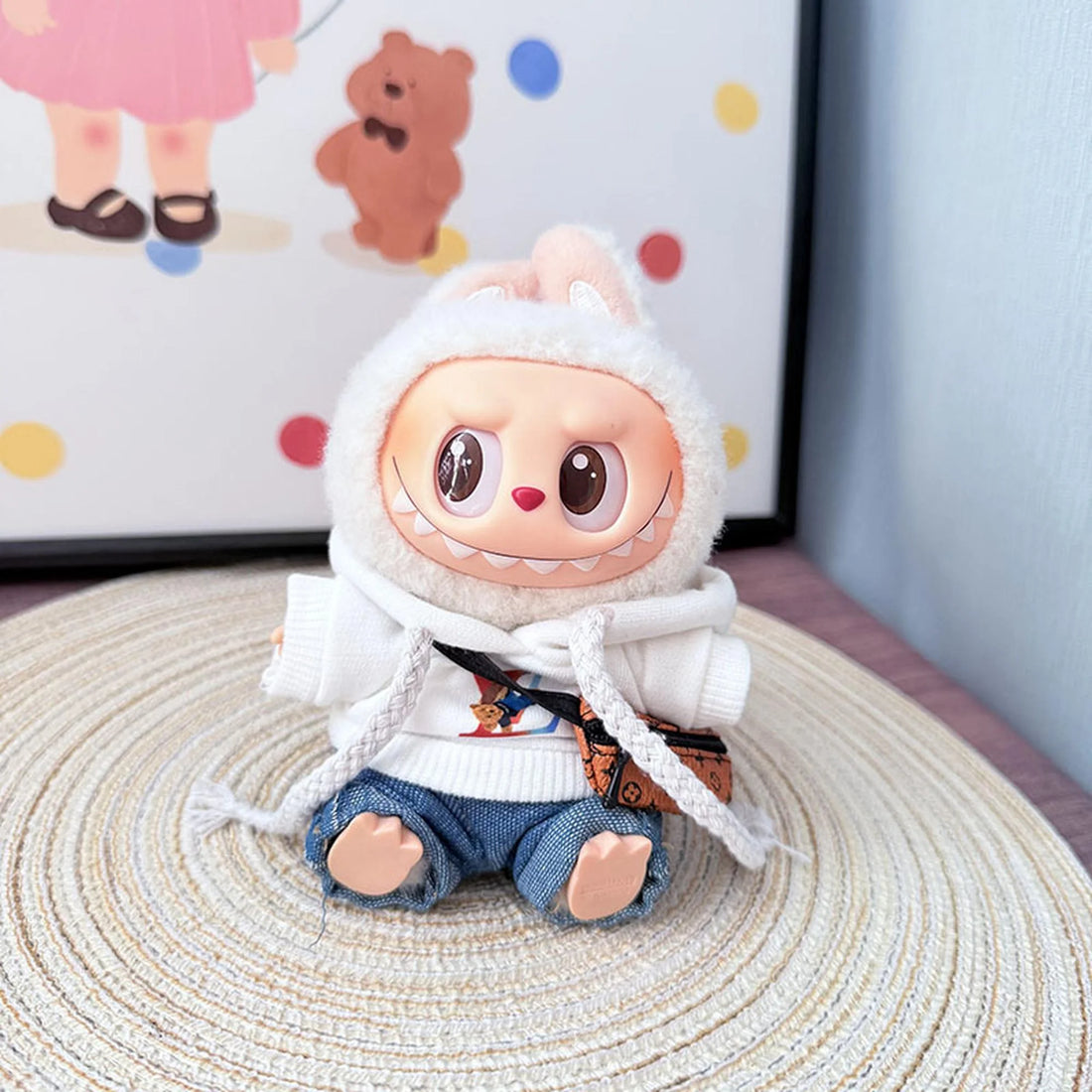 Labubu Clothes Labubu White Vv Sweatshirt + Light Blue Jeans + Supreme Yellow Bag