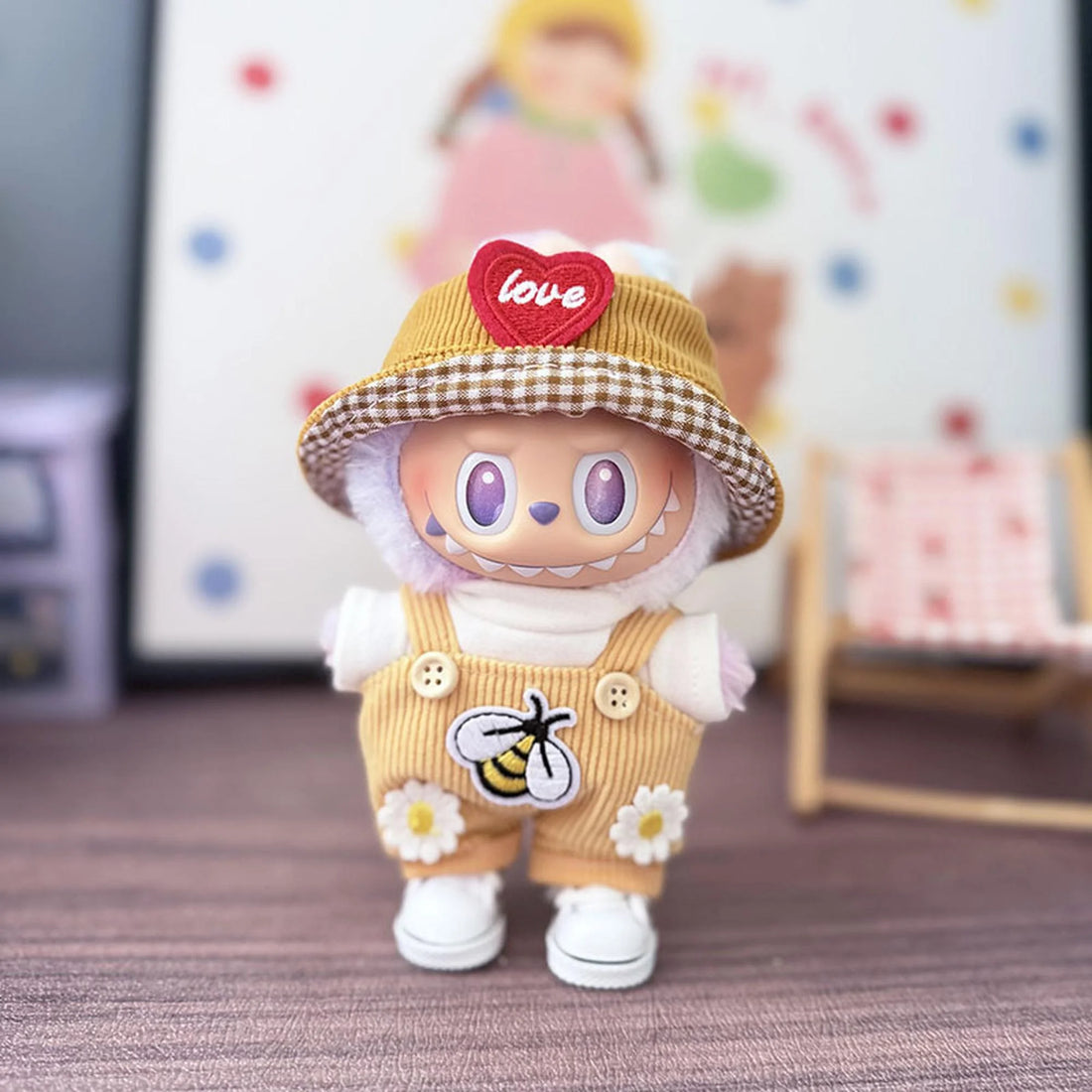 Labubu Clothes Labubu Yellow Bee Overalls + Yellow Heart Hat + White Canvas Shoes