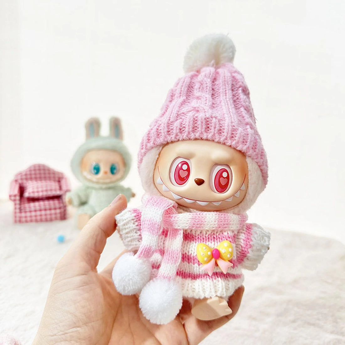 Labubu Clothes Labubu Yellow Bow Pink Striped Knitwear Three-Piece Set