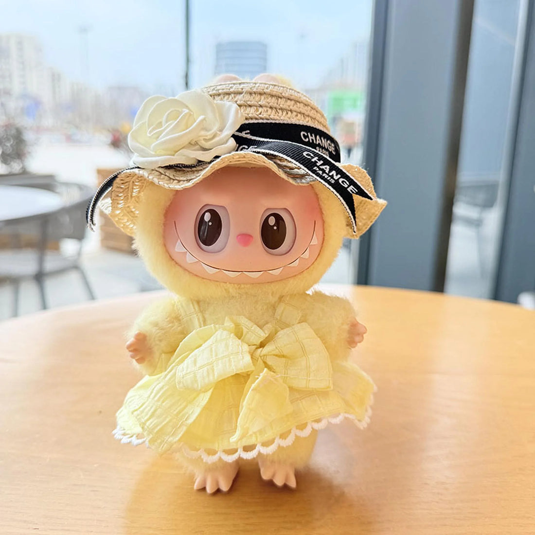 Labubu Clothes Labubu Yellow Candy Skirt + Black-Trimmed White Straw Hat