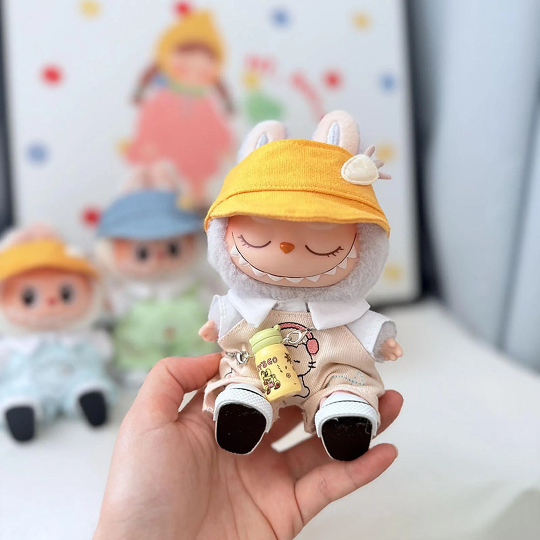 Labubu Clothes Labubu Yellow Carrot Beanie + Cat Ear Headphones Overalls Set + Pink Canvas Shoes + Yellow Water Bottle
