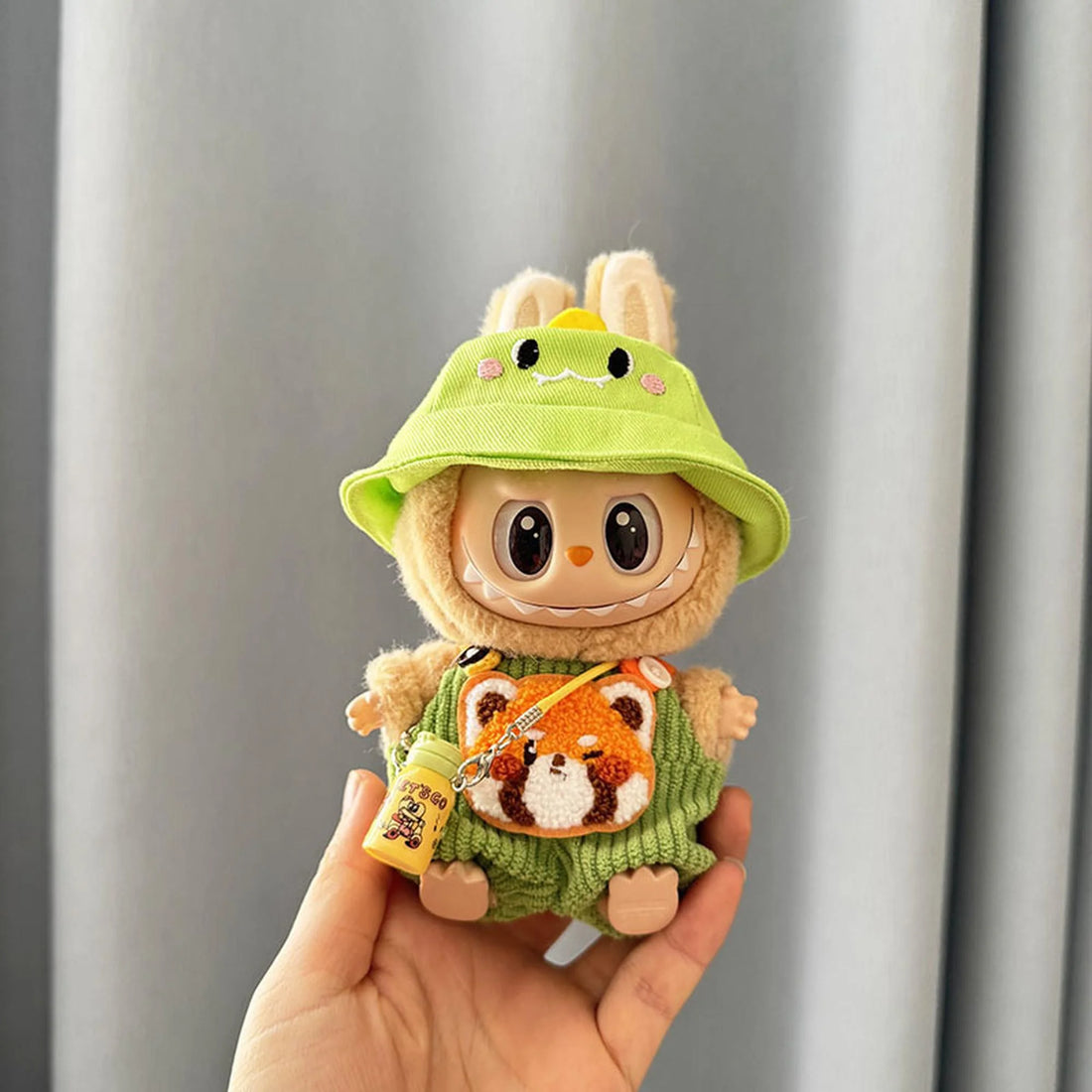 Labubu Clothes Labubu Yellow Kettle + Green Dino Hat + Green Striped Shiba Inu Overalls With Accessory