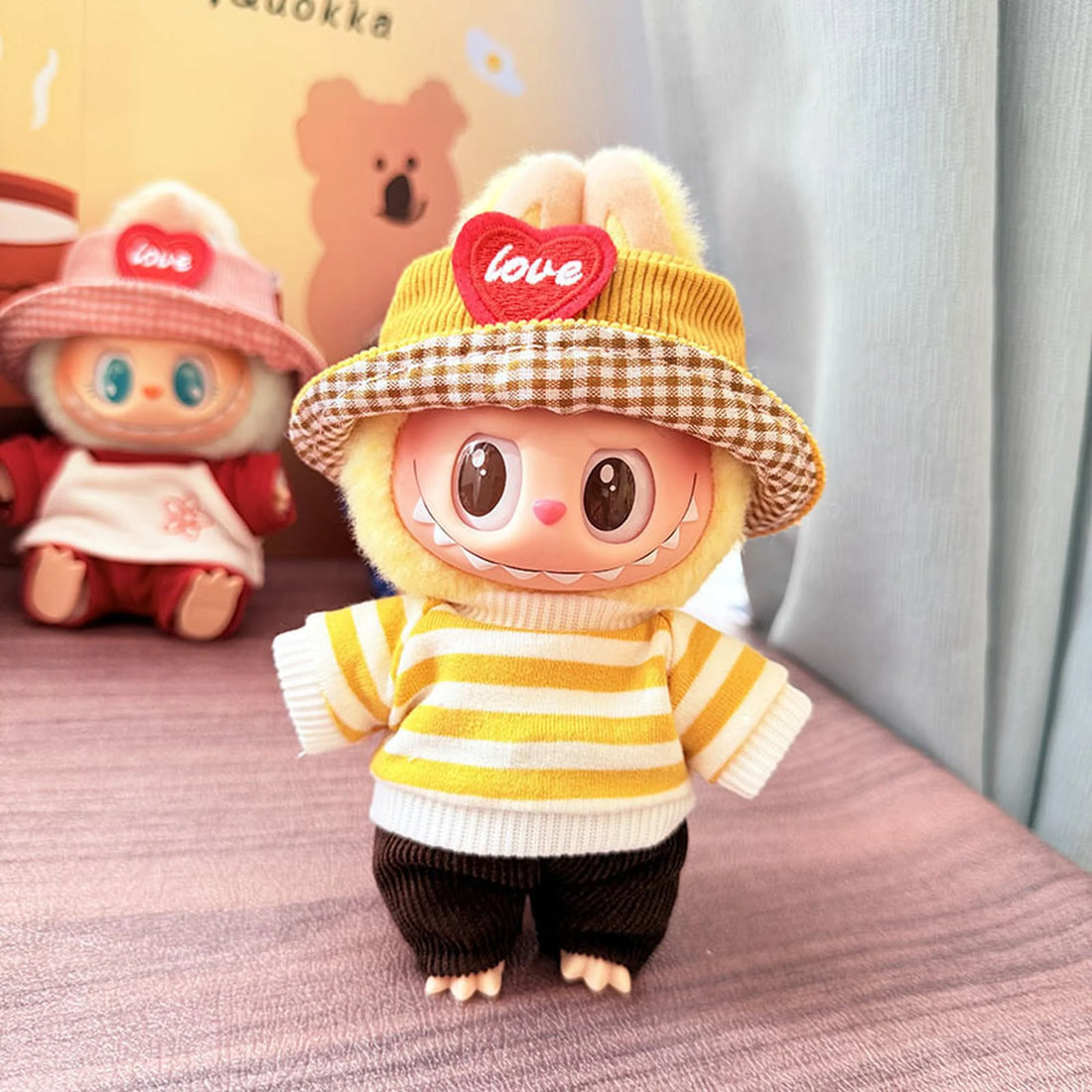 Labubu Clothes Labubu Yellow Love Hat + Sj Yellow &amp; White Striped Short-Sleeve T-Shirt Two-Piece Set